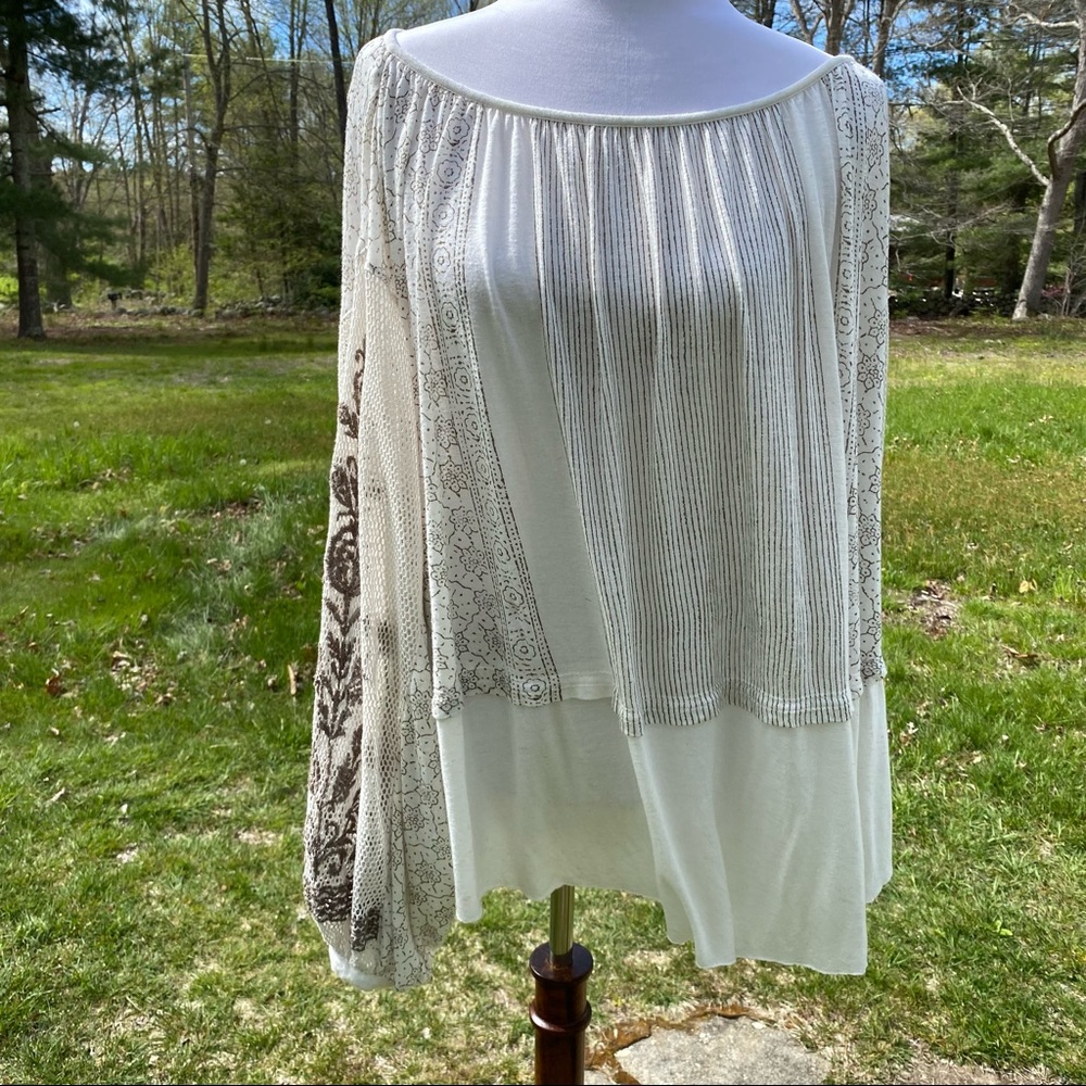 FREE PEOPLE TOP TUNIC TEE CREAM BROWN BOAT NECK BALLOON SLEEVES MESH SIZE XS
